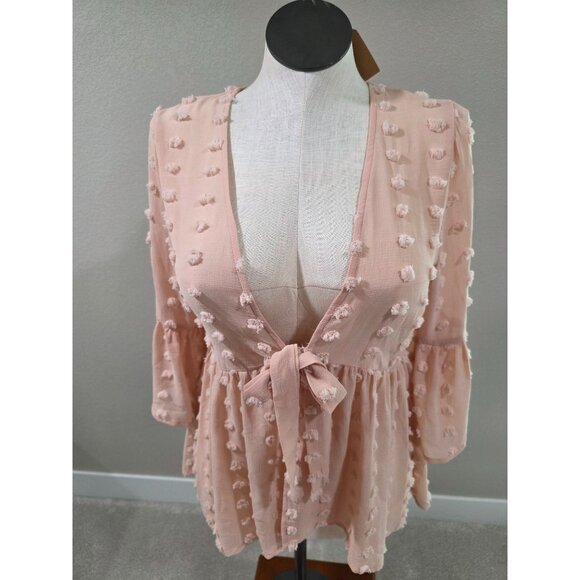 Kori America Pink Swiss Dot Textured Tie-Front Flowy Bell Sleeve Peplum Blouse T - Picture 5 of 5